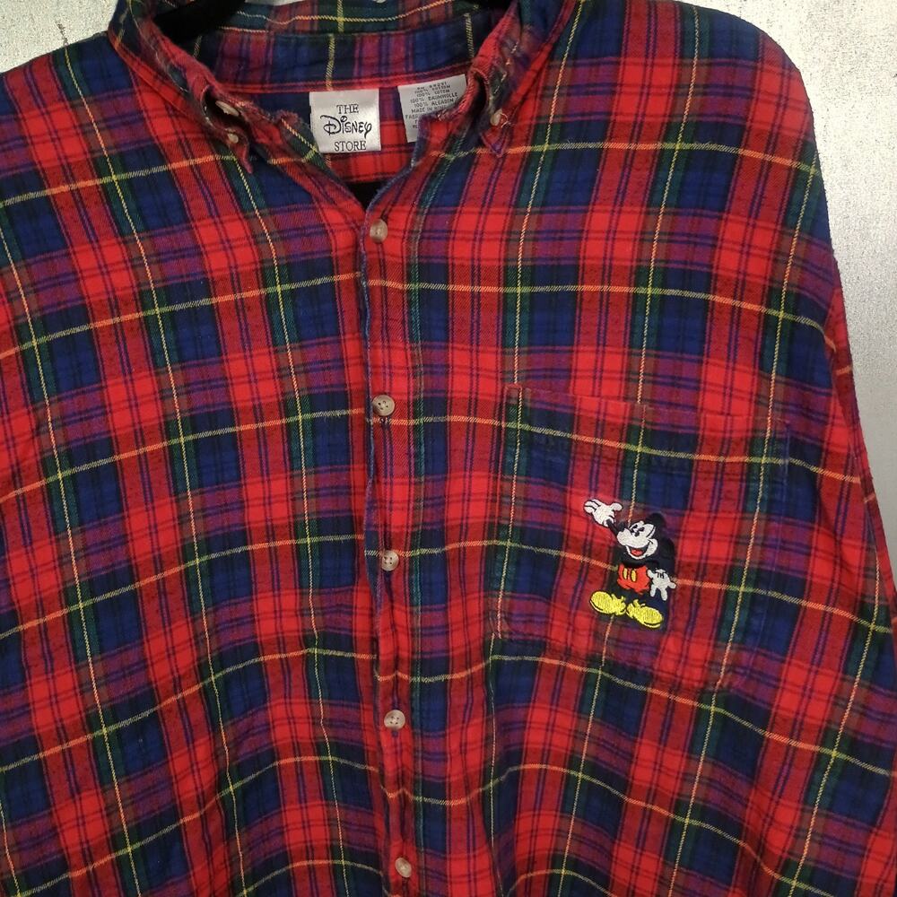 Disney Store Walt Mickey Vintage 90s Flannel Plaid Button Down Shirt XL Cotton